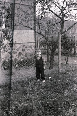 A young boy stands in a grassy yard, wearing denim overalls and a short-sleeved shirt. A stone building is visible in the bac...