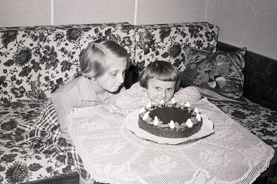 Two children celebrate a birthday with a chocolate cake adorned with seven candles. Interior scene features a patterned flora...