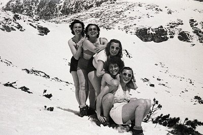 A group of five people in swimwear poses in a snowy, alpine landscape. All wear sunglasses and appear joyful. The composition...