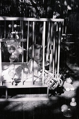 A young child sits within a wooden crib, surrounded by toys and balloons. The photograph’s composition is centered on the chi...