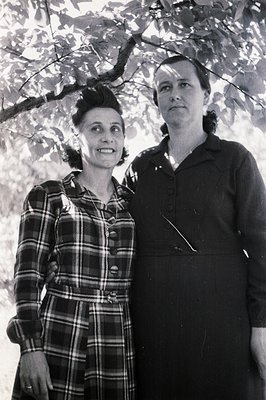 Two women stand closely together, posed beneath a leafy tree. Both wear dark, modest dresses with button detailing and have t...