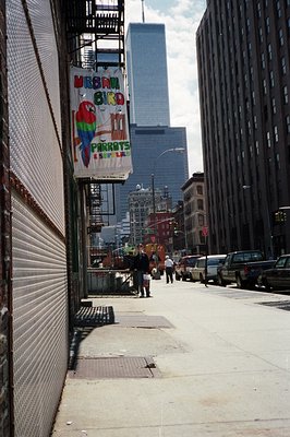 View down a narrow urban street lined with buildings, showcasing a storefront with a vibrant parrot sign and a distant skyscr...