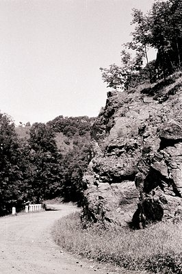 A weathered road curves into a forested area; a rocky cliff face dominates the right foreground. Sparse vegetation grows alon...
