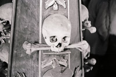 A macabre display featuring a human skull crossed with tibias, forming a "memento mori" symbol. Likely a museum exhibit or th...