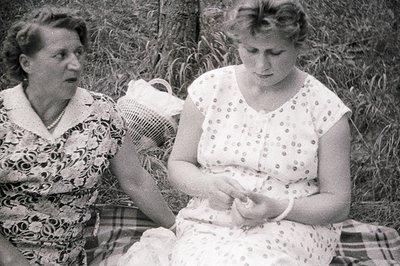 Two women seated outdoors on a picnic blanket, likely in a garden setting. The older woman wears a floral print dress and a n...