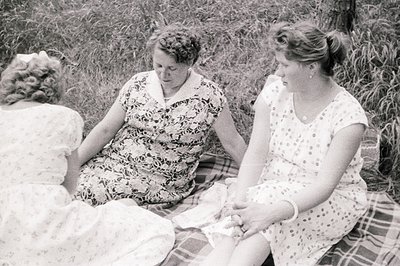 Three women sit on a checked blanket in a grassy field. They are wearing printed summer dresses typical of the 1960s. The sce...