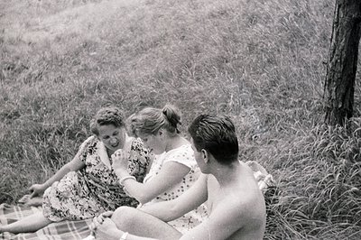 Three people are seated on a checkered blanket amidst tall grass. Two women, dressed in 1960s-style summer dresses, appear to...