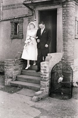 A newly married couple exits a brick-facade home, the bride in a floral-detailed dress and veil, the groom in a dark suit. A ...