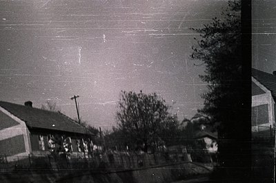 Monochromatic snapshot captures a suburban scene: houses with gable roofs, sparse trees, and a utility pole against a grey sk...