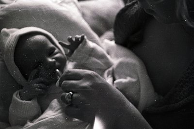 Close-up black and white photograph depicts a newborn infant swaddled in a white blanket, held securely in the arms of an adu...
