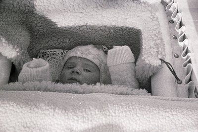 Infant securely nestled in a cushioned carrier with lace-trimmed bonnet and mittens. The wicker structure suggests a vintage ...