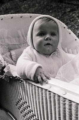 Infant in a woven wicker basket, wearing a button-down sweater and bonnet. Possibly a studio or staged portrait showcasing ch...
