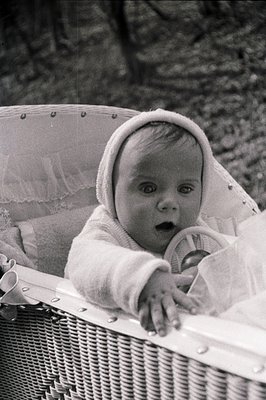 Charming portrait of an infant, possibly a girl, peering over a woven basket rim. She wears a bonnet and appears startled, ha...