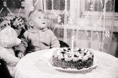 A young child, seated in a chair, gazes upward at a birthday cake adorned with berries and a single lit candle. A teddy bear ...