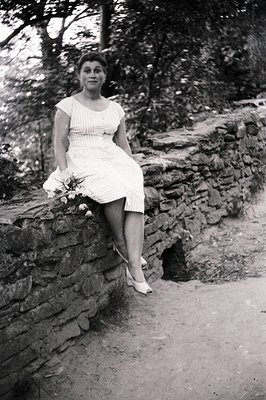 A seated woman in a knee-length, patterned dress and heels poses near a stone wall. She holds a bouquet of flowers. The setti...