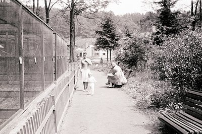 A woman and young child walk alongside a wooden fence & path. A seated woman with a period dress watches them. Trees and a di...