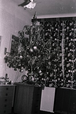 Interior view captures a sparsely decorated Christmas tree in a domestic setting. Ornaments, tinsel, and a ballerina figurine...
