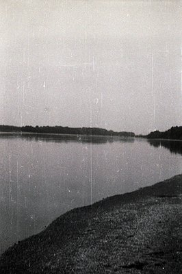 Still waters reflect a distant tree line. A rocky shoreline occupies the lower portion of the image, meeting a calm body of w...