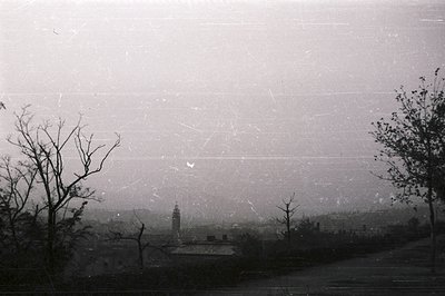 Atmospheric, grainy black and white landscape depicts a town viewed through bare branches. A tall tower is central; rooftops ...