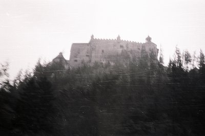 Monochrome photo captures a castle atop a hill, partially obscured by trees. Architectural details show a complex, multi-tier...