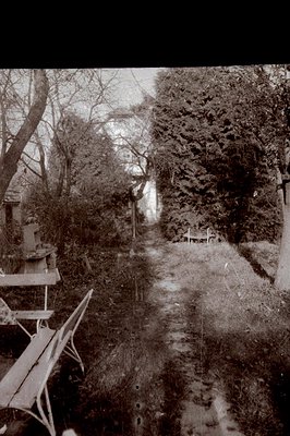 A narrow dirt path leads toward a distant house, flanked by overgrown hedges and bare trees. A weathered metal table and chai...