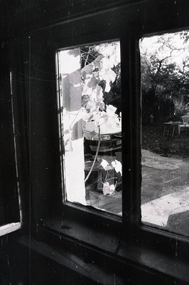 Cracked window frame captures a blurred exterior scene: a car, foliage, and patio furniture. The damage suggests impact or st...