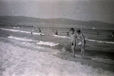 Two young boys, one striped shirt, wade along a sandy beach with gentle waves. Figures are scattered in the background. A dis...