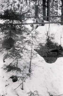 A snow-covered landscape with evergreen trees. A person in a light-colored sweater stands on a raised wooden structure, possi...