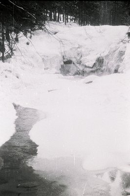 A frozen stream flows through a snow-covered landscape with a dense treeline in the background. The ice surface shows subtle ...