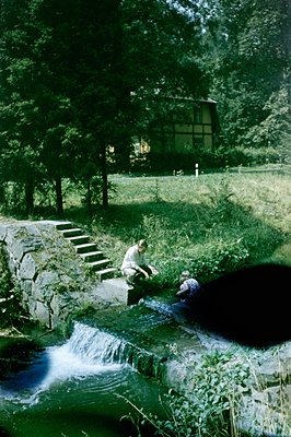 Two figures examine a stone staircase & small waterfall within a lush, tiered landscape. A traditional timber-framed house is...