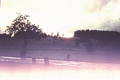 A serene, hazy landscape, likely captured on color film. Gentle, snow-covered hills slope toward a bright, diffused sunset. A...