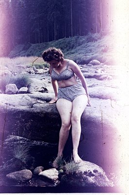 A woman in a patterned bandeau bikini and matching bottoms stands on a mossy rock outcrop, gazing down. Lush coniferous fores...
