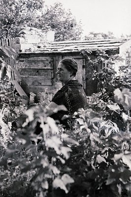 A woman sits in a leafy garden, partially obscured by foliage, alongside a weathered wooden structure. Simple, rural setting;...