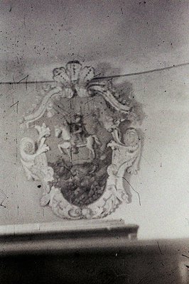 Ornate coat of arms depicted with heraldic figures and foliage. Likely a decorative element within a historic building, showc...