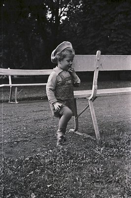 A young child, wearing a distinctive cap and patterned knitwear, appears to be playfully descending a tiered bench in a grass...