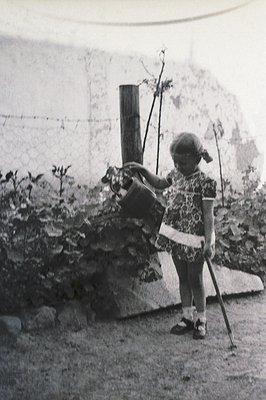 A young girl in a patterned dress waters plants with a watering can, set against a weathered stone wall and wire fencing. She...