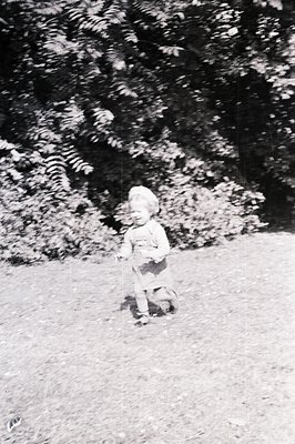 A young child runs across a grassy area, captured in a blurred motion photograph. The scene is framed by dense foliage and sh...