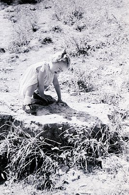 A young child in a short, ruffled dress kneels near a rock ledge, appearing to examine the ground. Sparse vegetation surround...