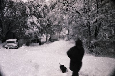 Vintage black-and-white winter scene featuring a lone figure in heavy winter attire walking a dog along a snow-covered path. ...