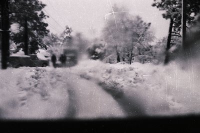 Vintage black-and-white shot of a snow-covered forest path, blurred by frost or moisture on glass. Dense evergreens frame bot...