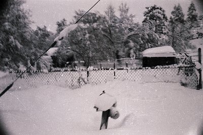 Vintage black-and-white photo of a lone figure shoveling snow in a residential backyard, surrounded by snow-laden trees and a...