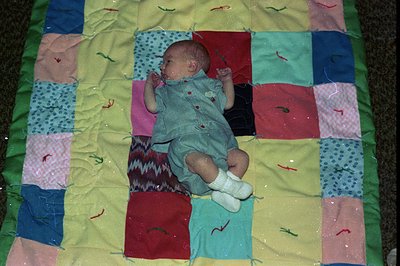 Vibrant patchwork quilt with geometric patterns in red, blue, green, and pink squares, featuring appliqué butterflies. Infant...