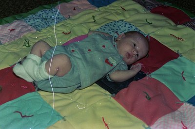 Newborn infant swaddled in patterned blanket with red, green, and blue hues, lying on a hospital bassinet. Medical tubing att...
