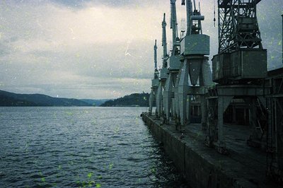 Vintage industrial port scene featuring rusted cranes and docks along a calm waterfront, likely mid-20th century. Overgrown v...
