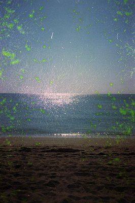 Sunlit waves crash onto a sandy shore, creating a dynamic spray of green-tinted foam. The horizon blends seamlessly with the ...