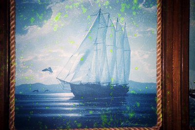 Vintage maritime painting featuring a classic wooden sailing ship with four masts on calm waters. Distressed texture and gree...