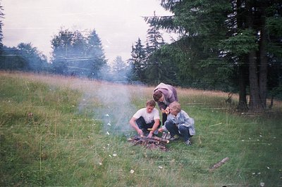 Three individuals roasting marshmallows over an open fire in a grassy field surrounded by tall trees. Clothing suggests mid-2...