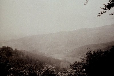 Vintage sepia-toned landscape showcasing misty mountain ridges and valleys, framed by dense forest foliage. The hazy atmosphe...