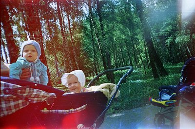 Two toddlers seated in a vintage stroller, showcasing mid-century modern design elements. Background reveals dense trees, sug...