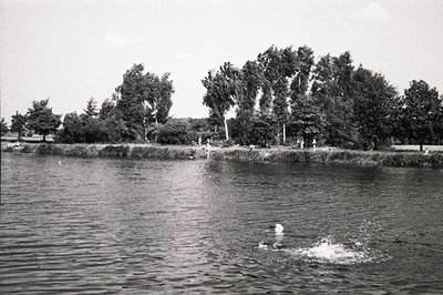 Swimmer enters a lake, creating a splash. Reedy shoreline with dense trees forms the backdrop. Several figures are visible in...